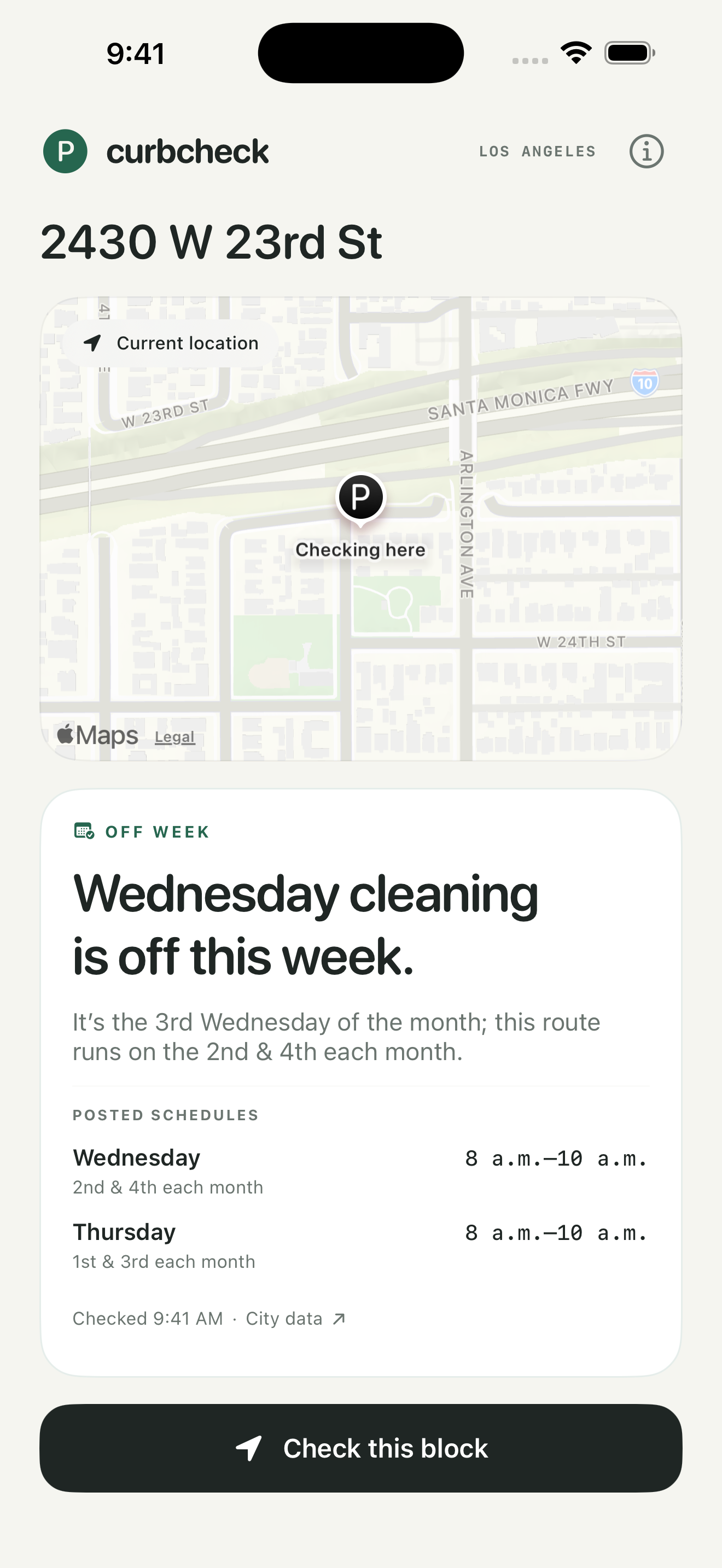 curbcheck showing an off week on West 23rd Street, with the posted weekday and hours.